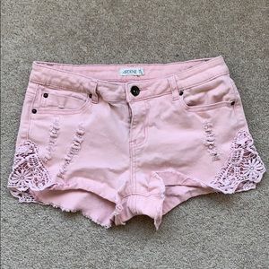 Ardene Pink Distressed Denim Shorts with Floral Lace Trim